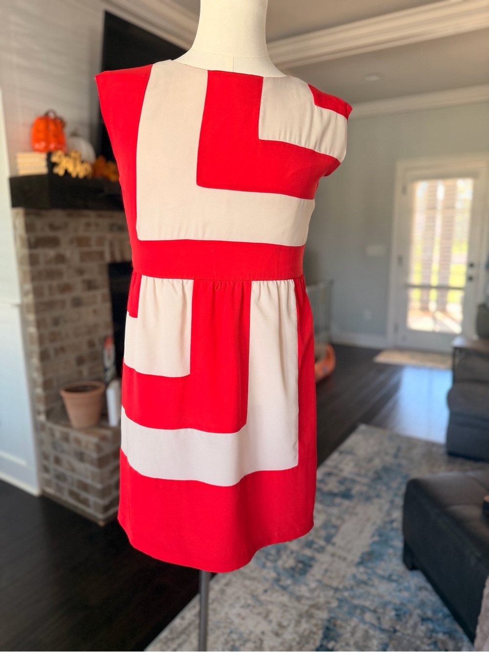 Alyx Red and White Geometric Cap-Sleeve Dress